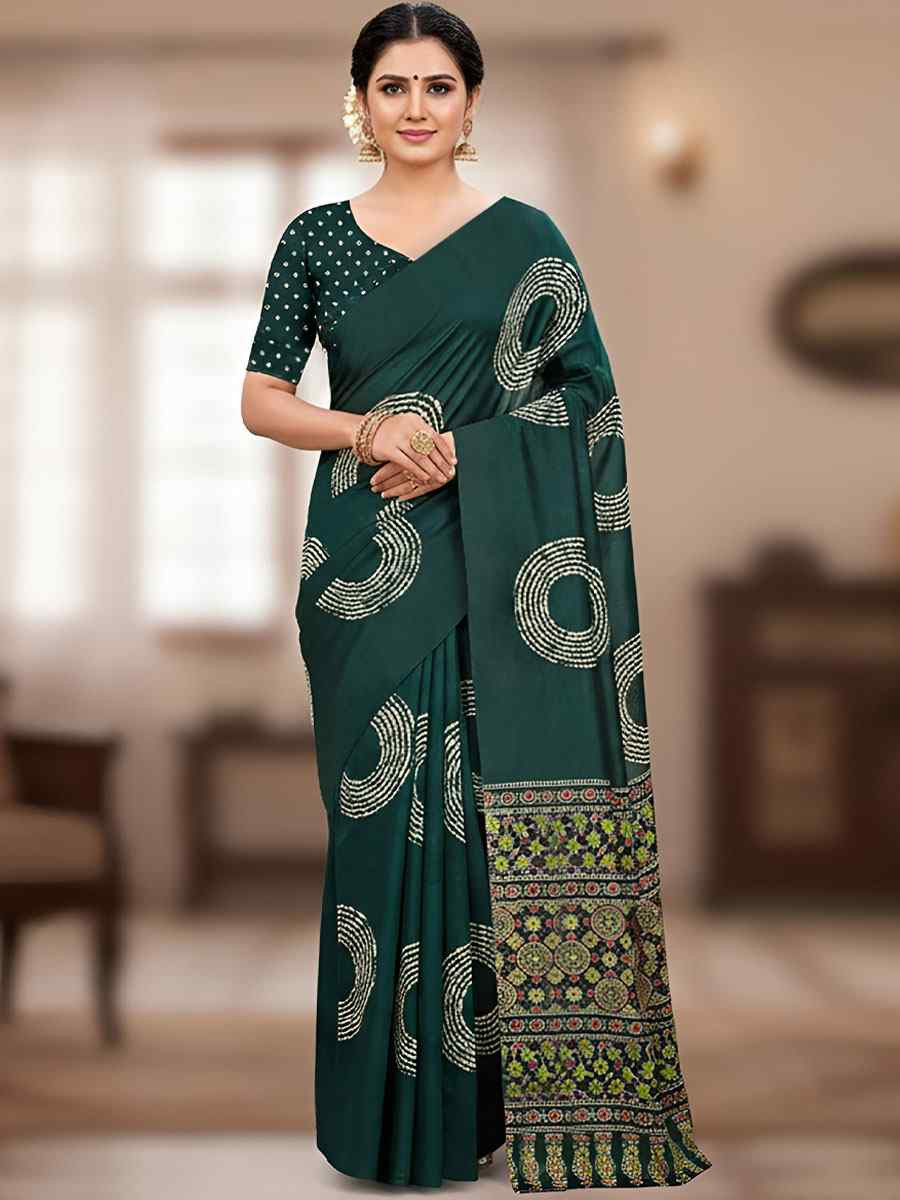 Green Pure Mul Cotton Bhandej Printed Traditional Bridal Reception Festival Wedding Fancy Heavy Border Saree