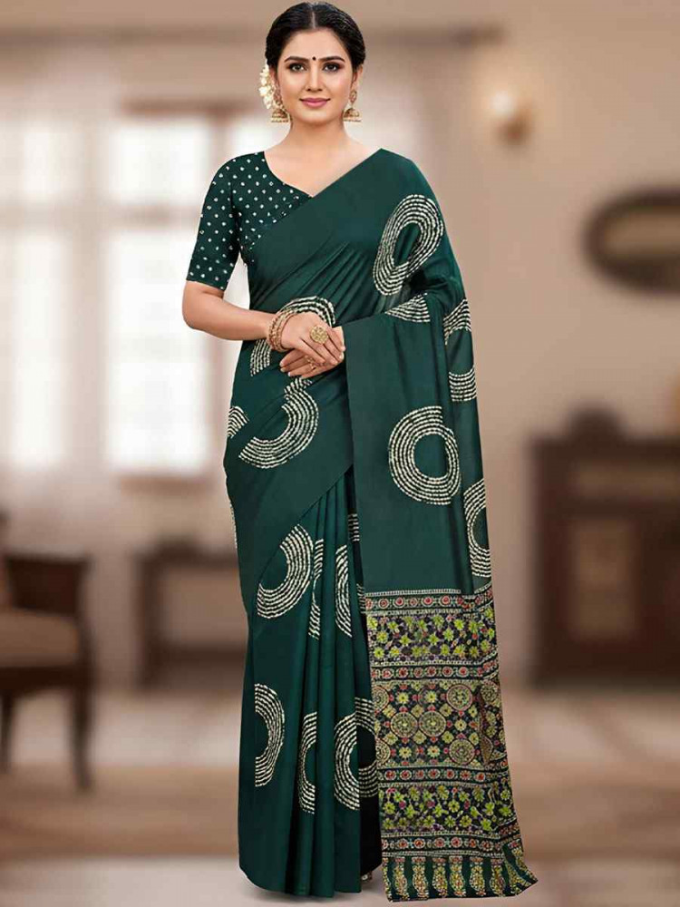 Image of Green Pure Mul Cotton Bhandej Printed Traditional Bridal Reception Festival Wedding Fancy Heavy Border Saree