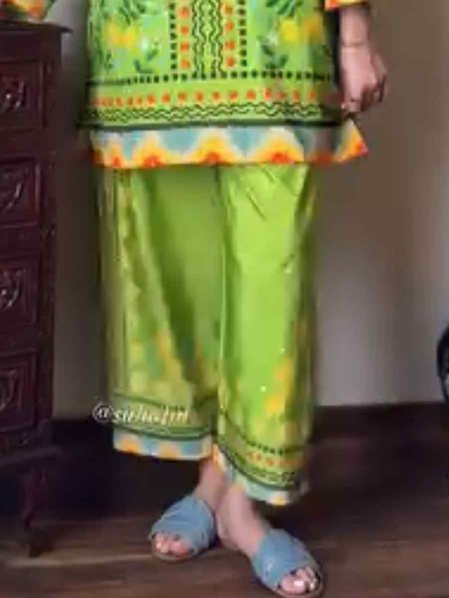 Green Pure Natural Crepe Embroidered Festival Casual Kurti