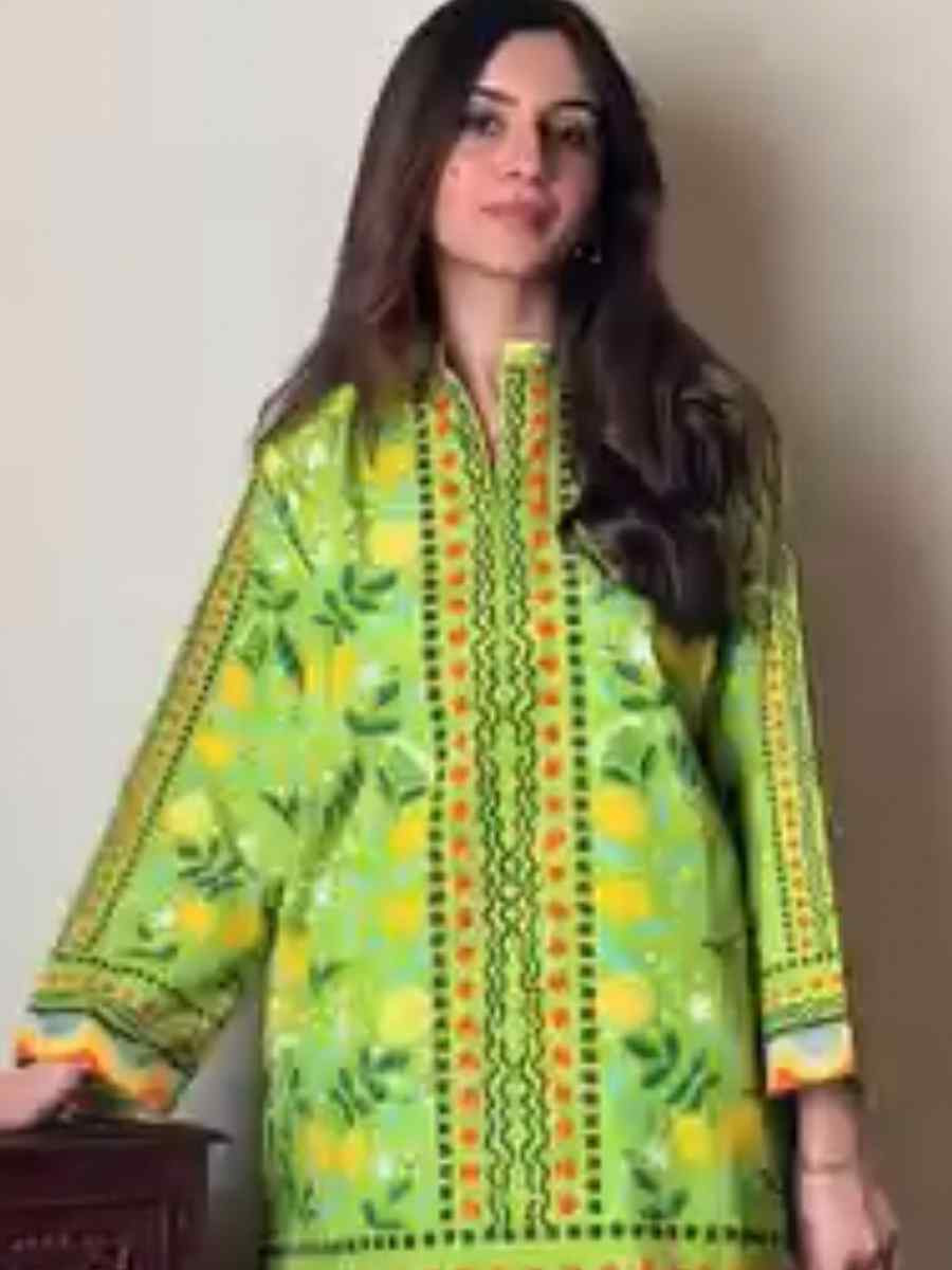 Green Pure Natural Crepe Embroidered Festival Casual Kurti