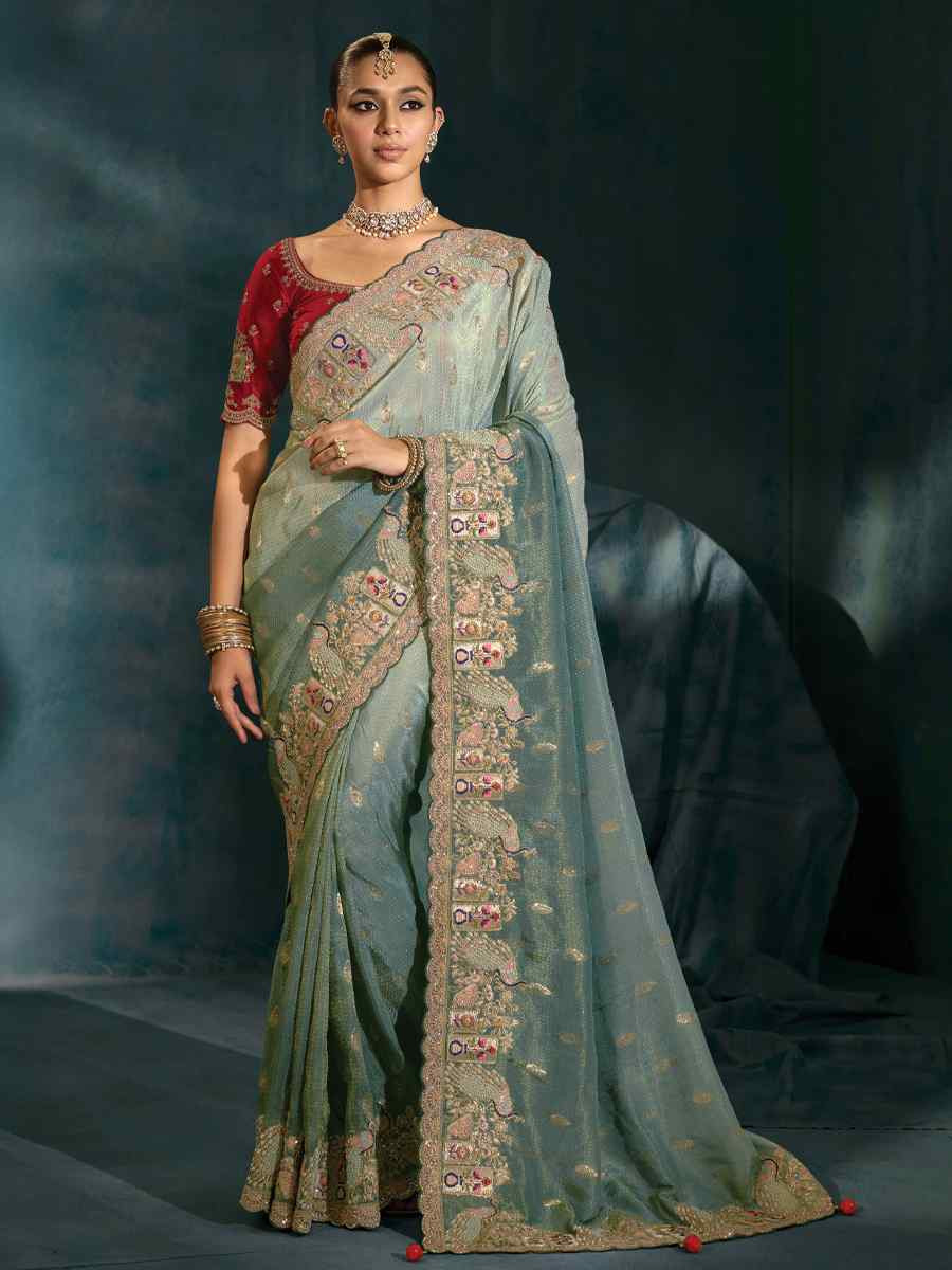 Green Pure Natural Crepe Embroidery Bridal Reception Festival Wedding Fancy Heavy Border Saree