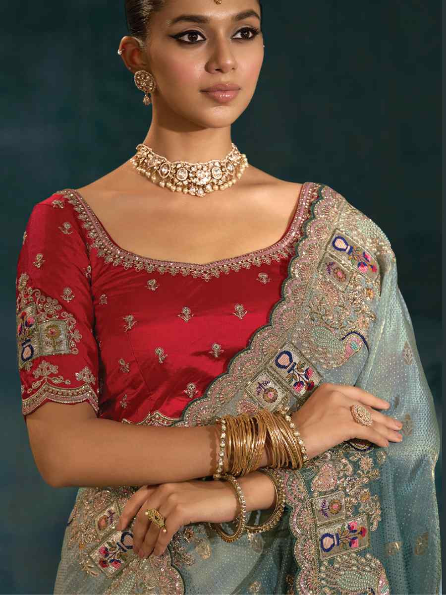 Green Pure Natural Crepe Embroidery Bridal Reception Festival Wedding Fancy Heavy Border Saree