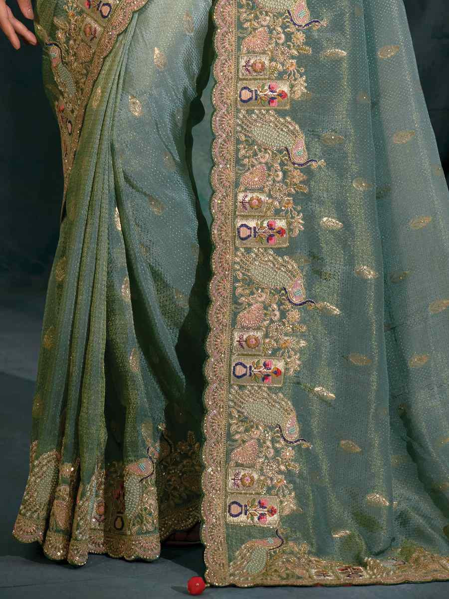 Green Pure Natural Crepe Embroidery Bridal Reception Festival Wedding Fancy Heavy Border Saree