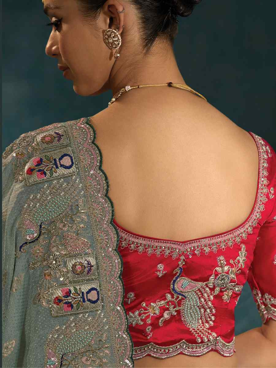 Green Pure Natural Crepe Embroidery Bridal Reception Festival Wedding Fancy Heavy Border Saree