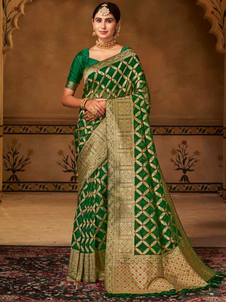 Green Pure Organza Silk Handwoven Wedding Festival Heavy Border Saree