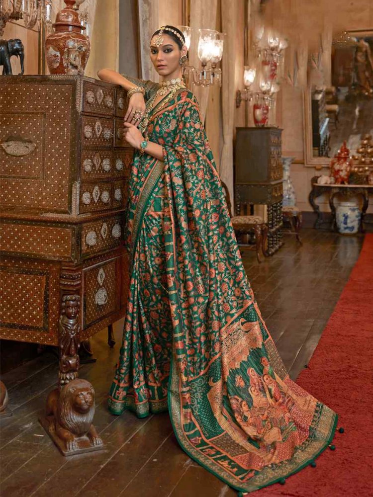 Green Pure Patola Handwoven Wedding Festival Classic Style Saree