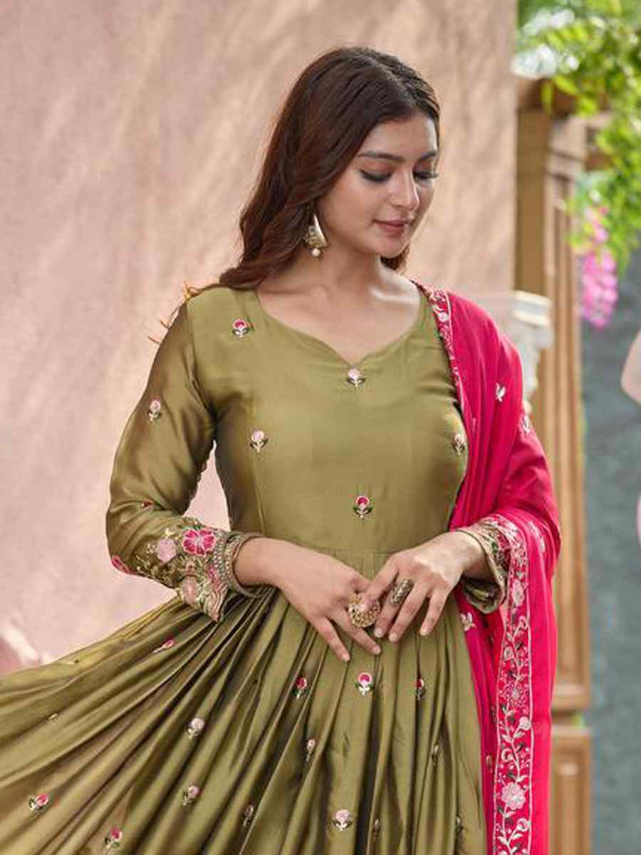 Green Pure Rangoli Silk Embroidered Festival Casual Ready Anarkali Salwar Kameez