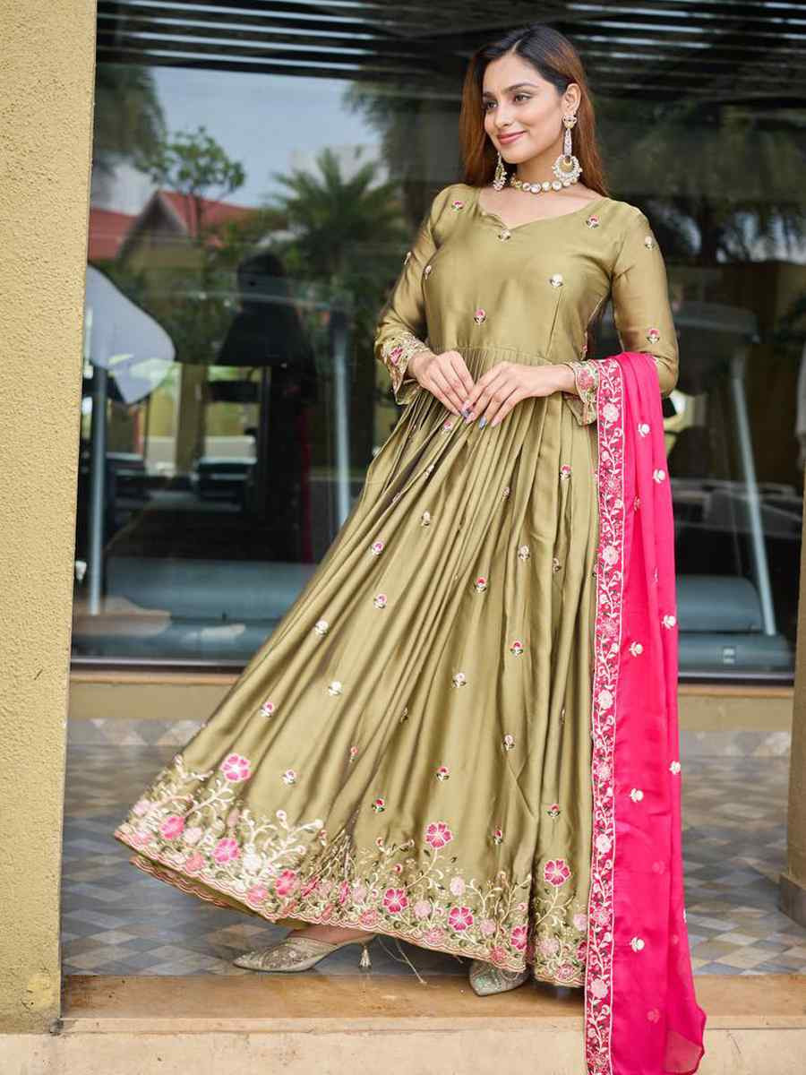 Green Pure Rangoli Silk Embroidered Festival Casual Ready Anarkali Salwar Kameez