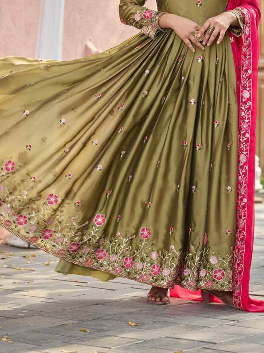 Green Pure Rangoli Silk  Embroidered Festival Casual Ready Anarkali Salwar Kameez