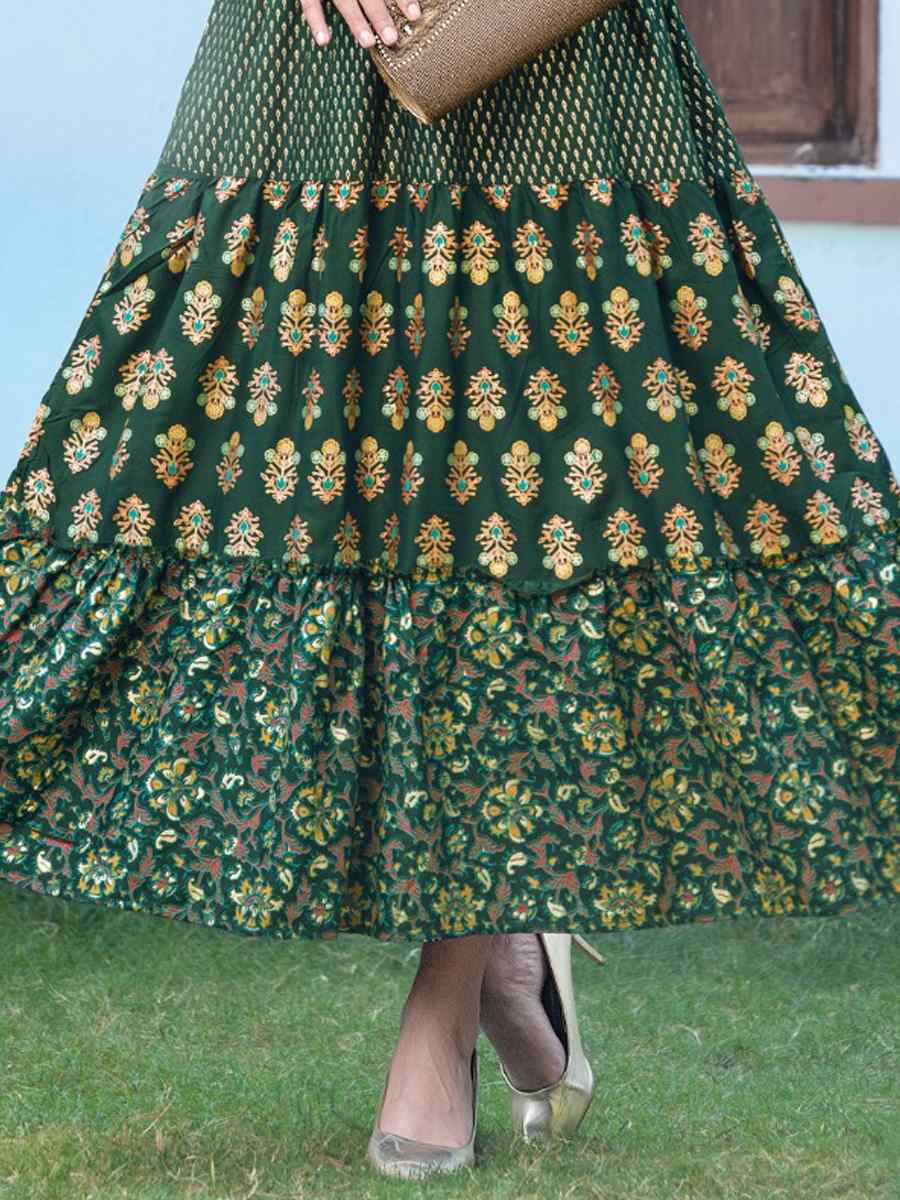 Green Pure Rayon 14kg Printed Festival Casual Gown