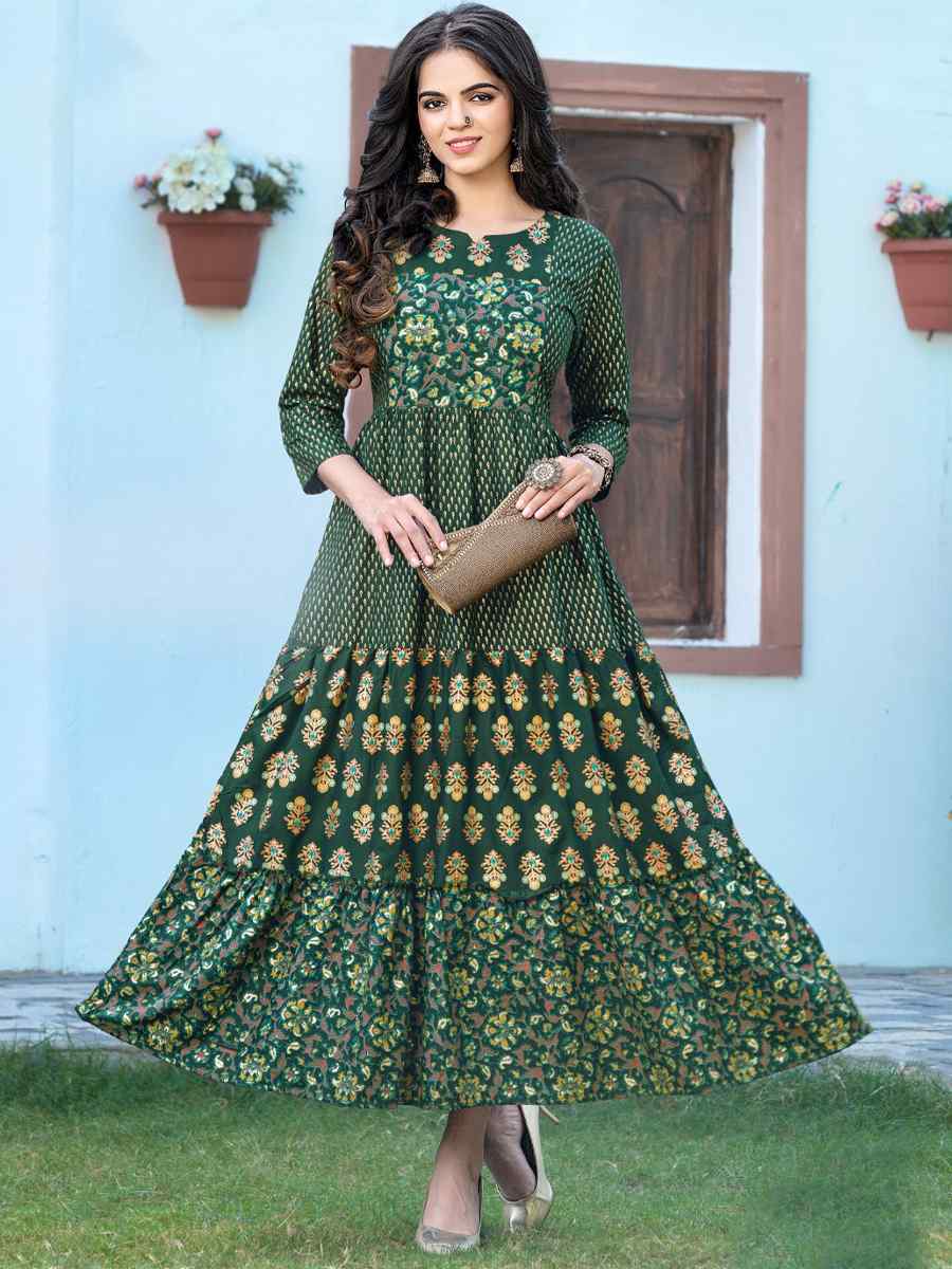 Green Pure Rayon 14kg Printed Festival Casual Gown
