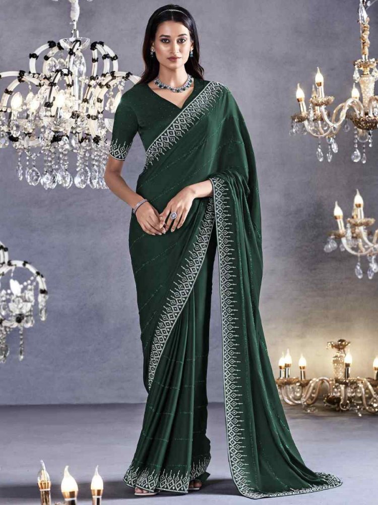 Green Pure Satin Silk Embroidered Wedding Party Heavy Border Saree