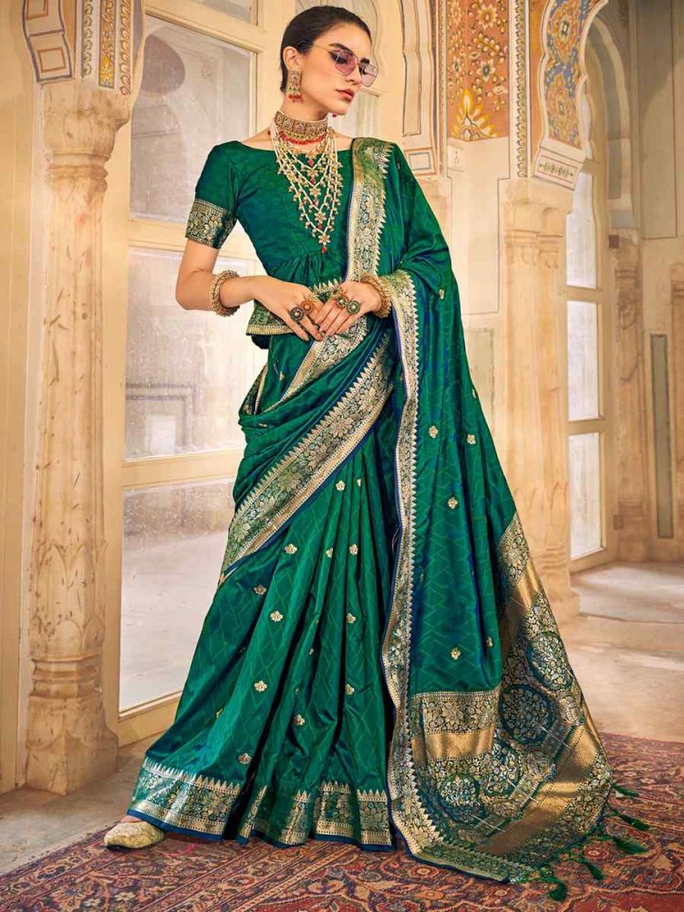 Green Pure Satin Silk Handwoven Wedding Festival Heavy Border Saree