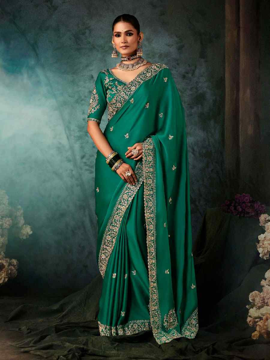 Green Pure Silk Embroidery Bridal Reception Festival Wedding Fancy Classic Heavy Border Saree