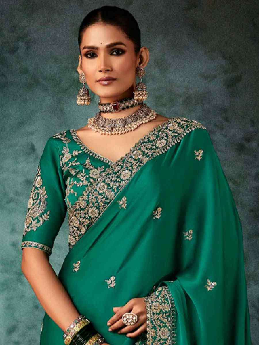 Green Pure Silk Embroidery Bridal Reception Festival Wedding Fancy Classic Heavy Border Saree