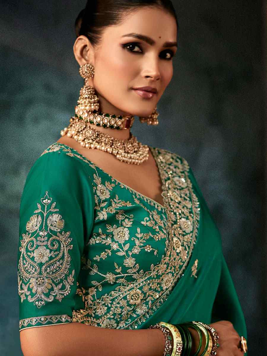 Green Pure Silk Embroidery Bridal Reception Festival Wedding Fancy Classic Heavy Border Saree