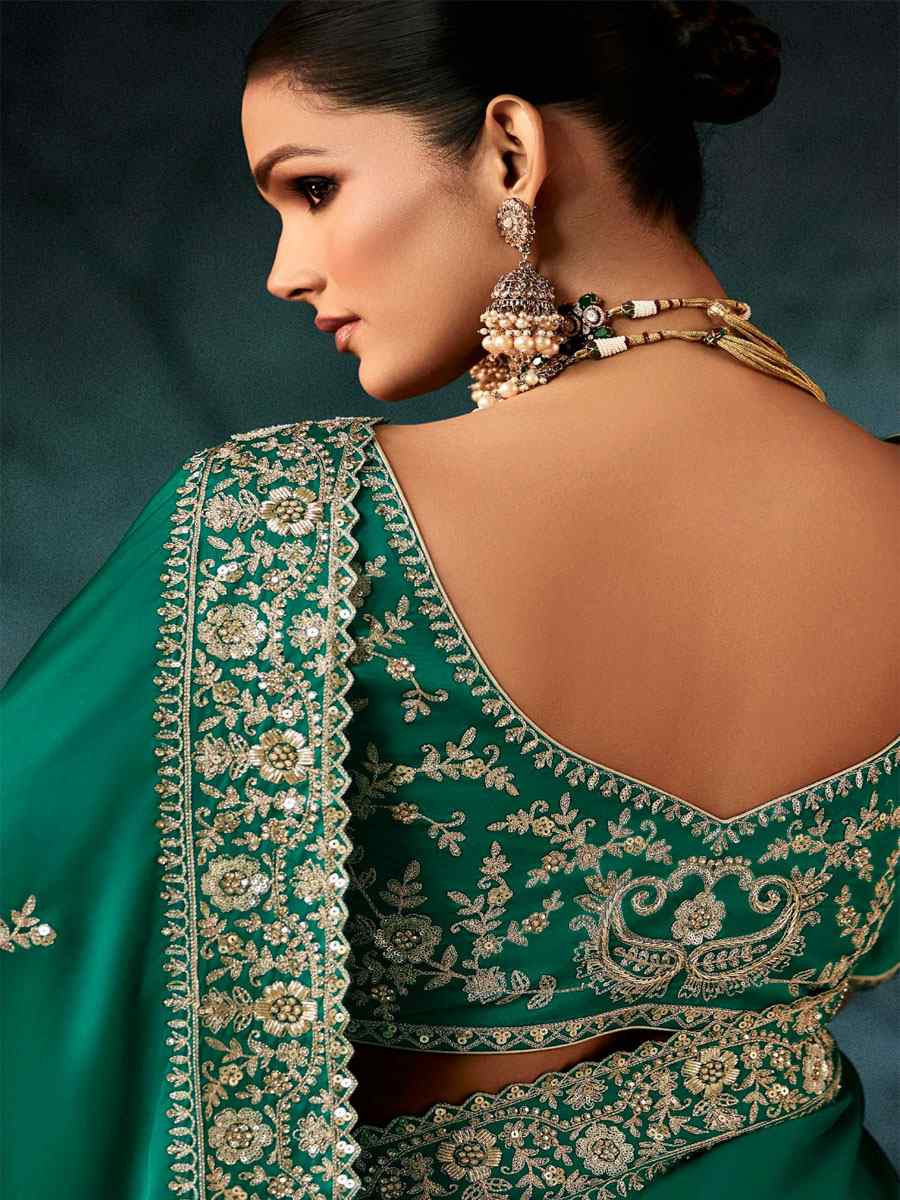 Green Pure Silk Embroidery Bridal Reception Festival Wedding Fancy Classic Heavy Border Saree