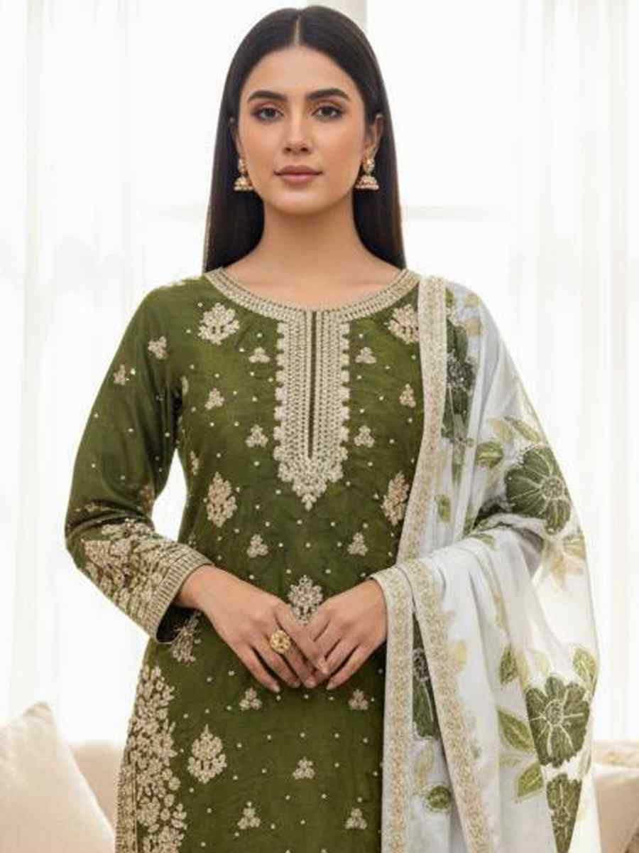 Green Pure Silk Embroidery Party Wedding Festival Casual Ready Palazzo Pant Salwar Kameez