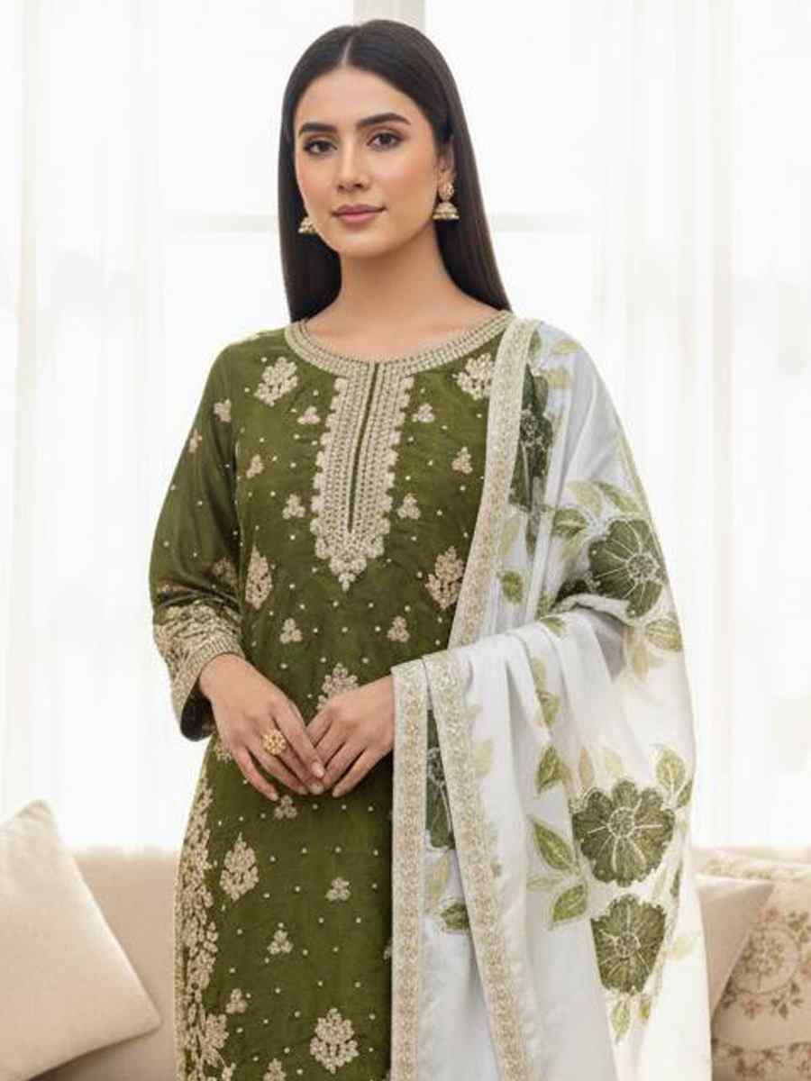 Green Pure Silk Embroidery Party Wedding Festival Casual Ready Palazzo Pant Salwar Kameez