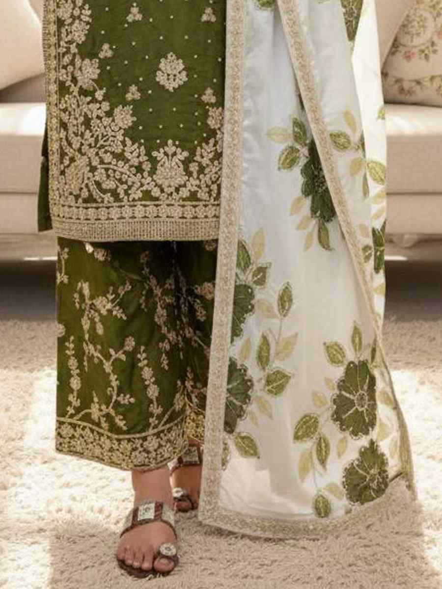 Green Pure Silk Embroidery Party Wedding Festival Casual Ready Palazzo Pant Salwar Kameez
