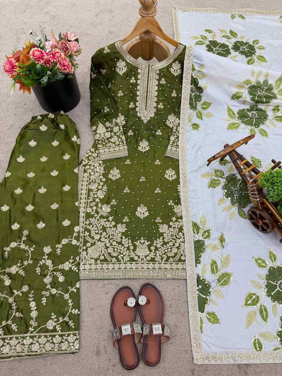 Green Pure Silk Embroidery Party Wedding Festival Casual Ready Palazzo Pant Salwar Kameez