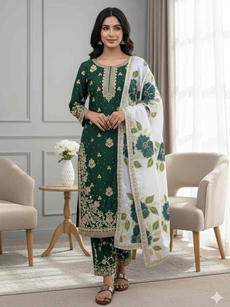 Green Pure Silk Embroidery Party Wedding Festival Casual Ready Palazzo Pant Salwar Kameez