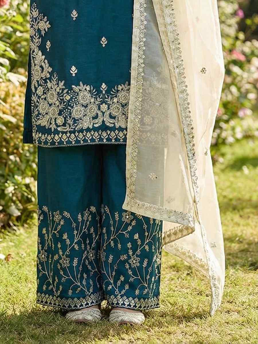 Green Pure Silk Embroidery Party Wedding Festival Casual Ready Palazzo Pant Salwar Kameez