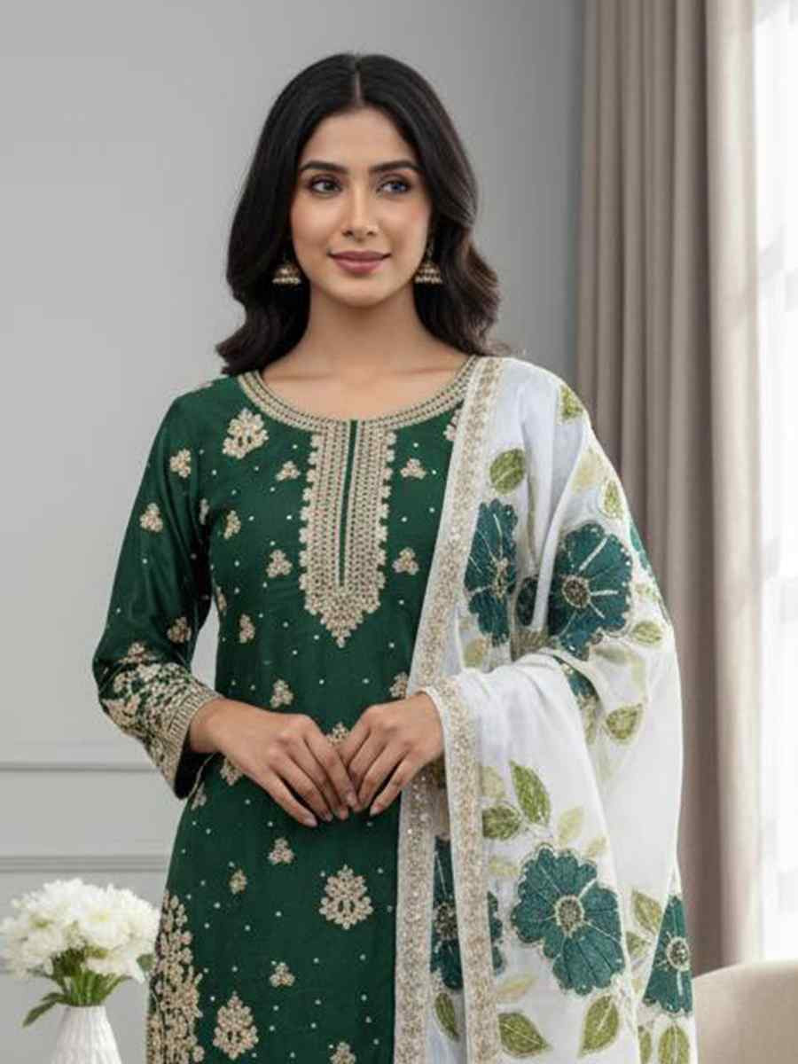 Green Pure Silk Embroidery Party Wedding Festival Casual Ready Palazzo Pant Salwar Kameez