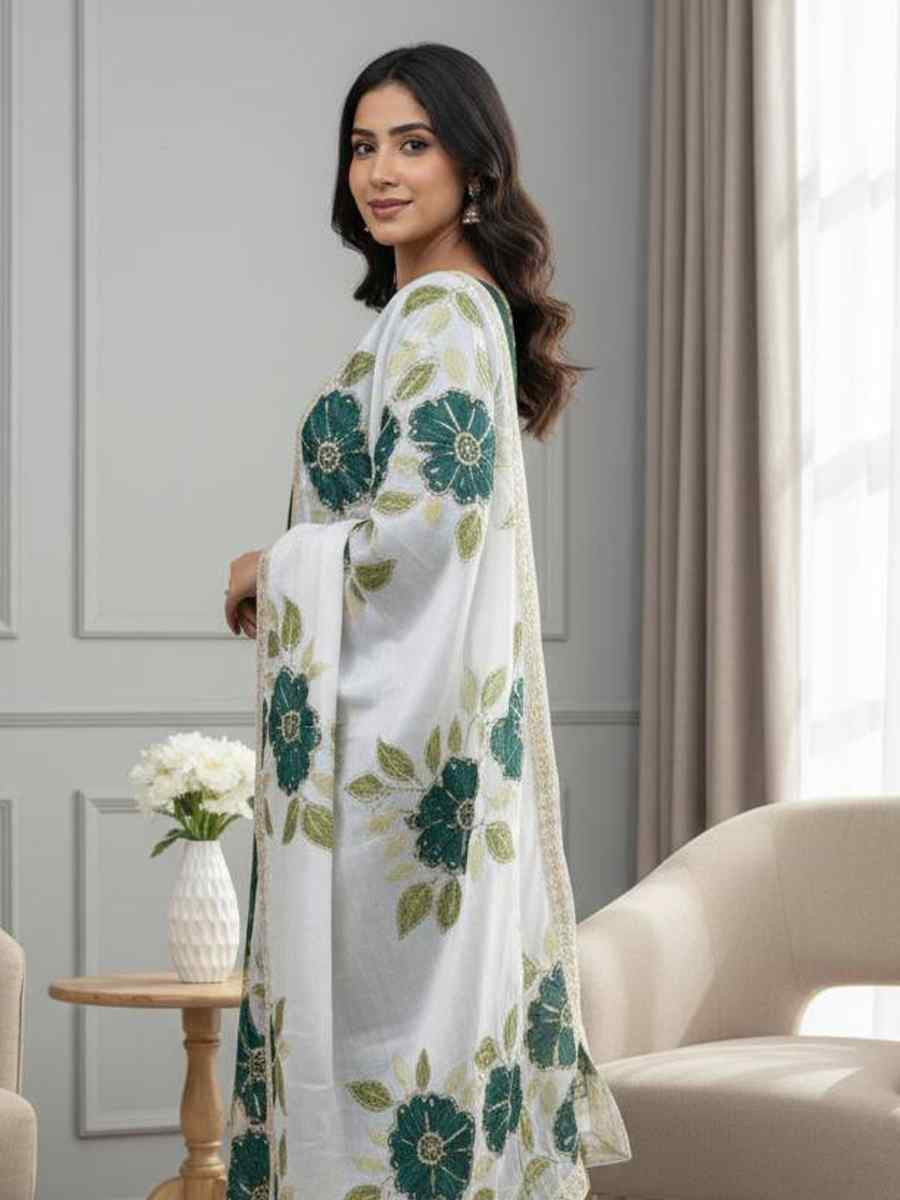 Green Pure Silk Embroidery Party Wedding Festival Casual Ready Palazzo Pant Salwar Kameez