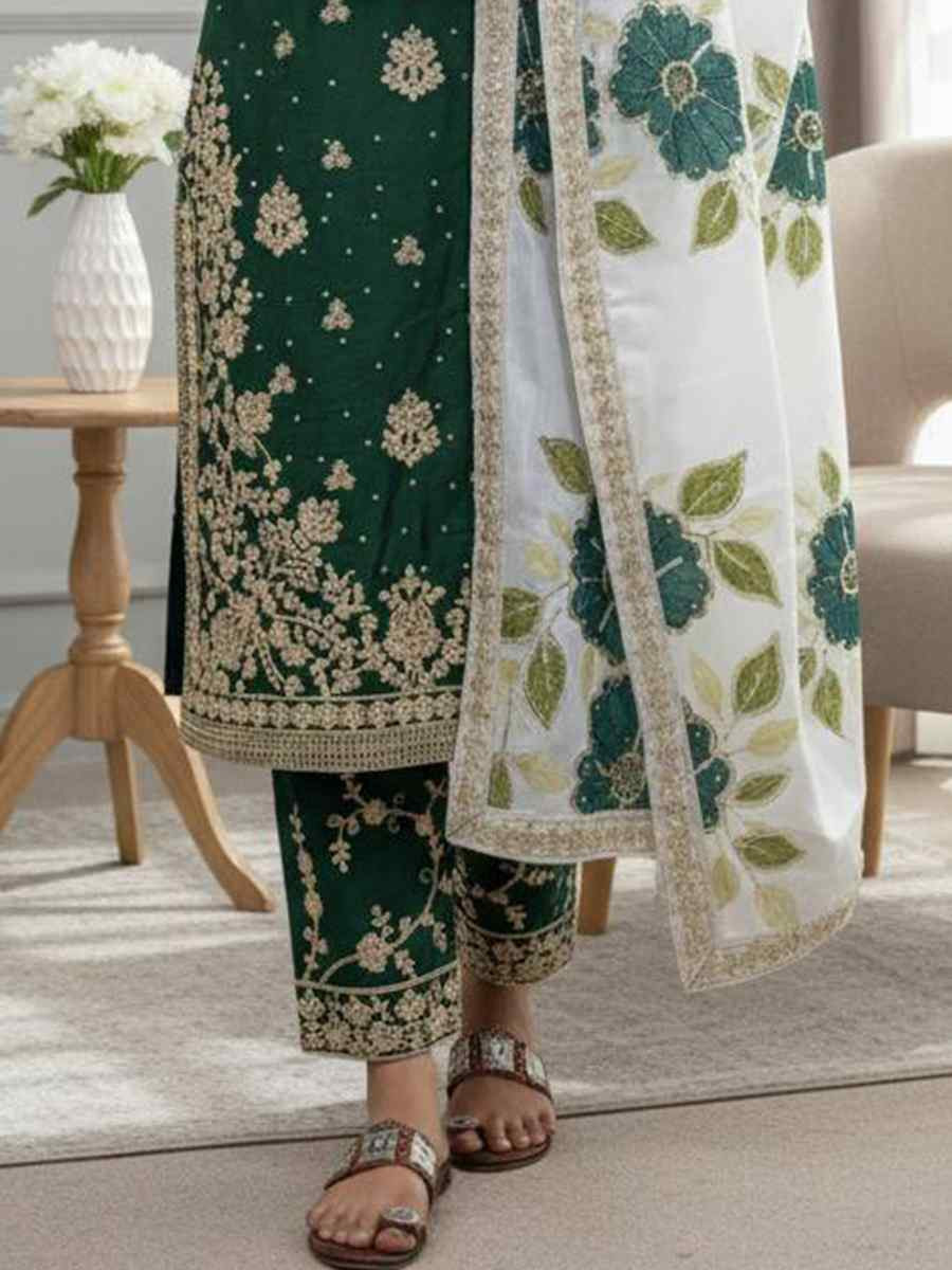 Green Pure Silk Embroidery Party Wedding Festival Casual Ready Palazzo Pant Salwar Kameez