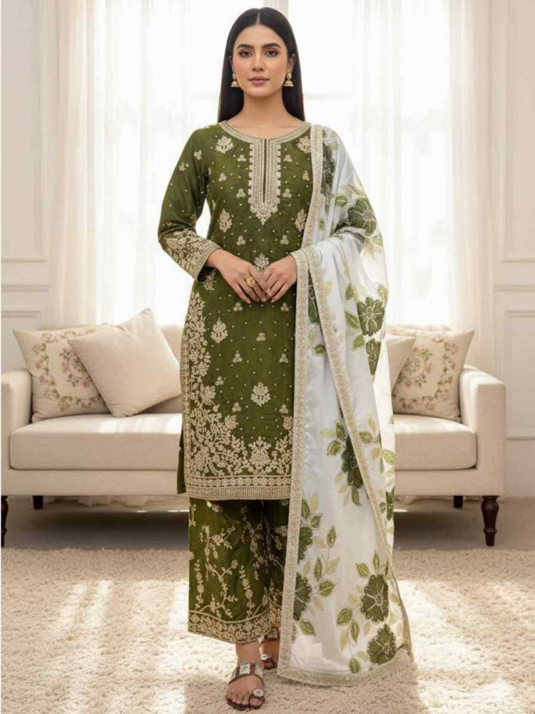 Image of Green Pure Silk Embroidery Party Wedding Festival Casual Ready Palazzo Pant Salwar Kameez