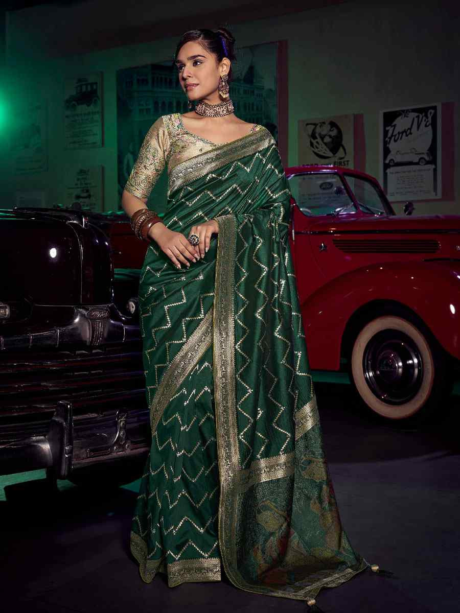 Green Pure Silk Printed Handwoven Traditional Bridal Reception Festival Wedding Fancy Heavy Border Sarees