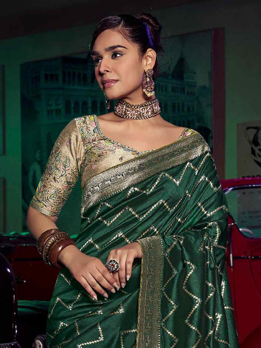 Green Pure Silk Printed Handwoven Traditional Bridal Reception Festival Wedding Fancy Heavy Border Sarees