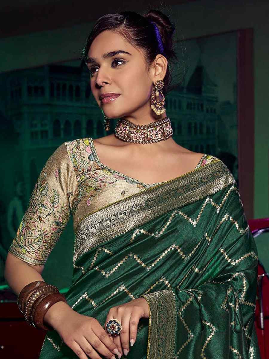 Green Pure Silk Printed Handwoven Traditional Bridal Reception Festival Wedding Fancy Heavy Border Sarees