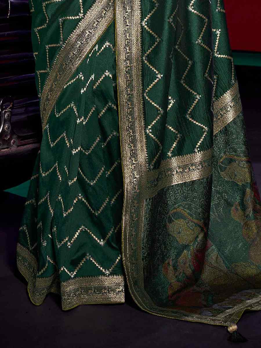 Green Pure Silk Printed Handwoven Traditional Bridal Reception Festival Wedding Fancy Heavy Border Sarees