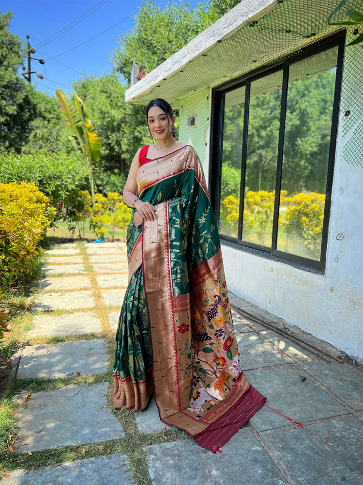 Image of Green Pure Soft Paithani Silk Zari Wedding Reception Party Festival Casual Heavy Border Sarees