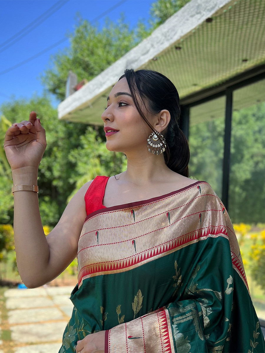 Green Pure Soft Paithani Silk Zari Wedding Reception Party Festival Casual Heavy Border Sarees