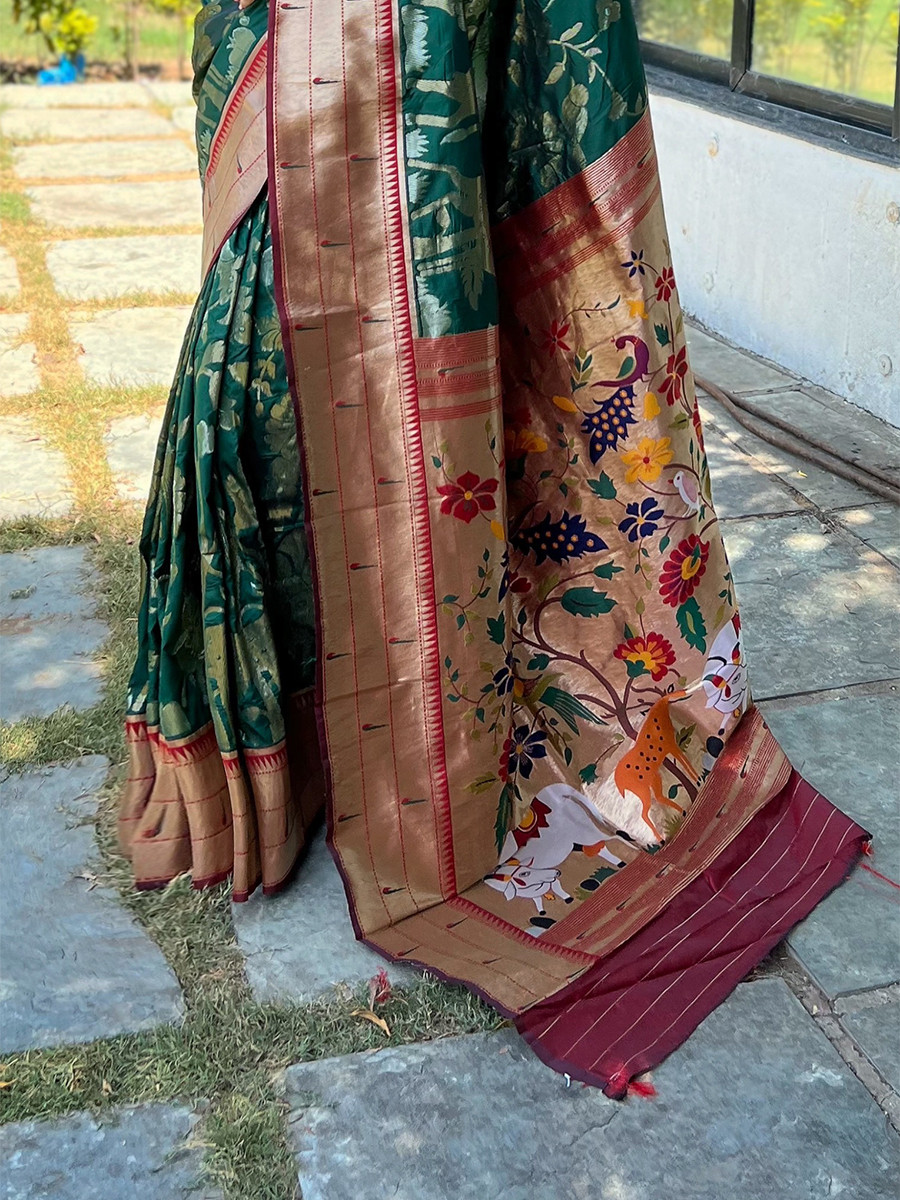 Green Pure Soft Paithani Silk Zari Wedding Reception Party Festival Casual Heavy Border Sarees