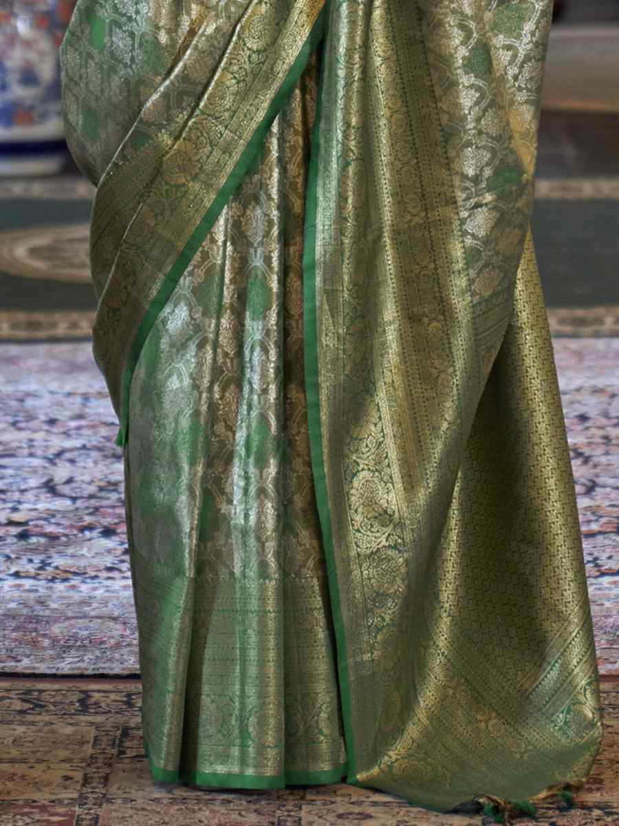 Green Pure Tissue Dharmavaram Silk Handwoven Party Bridal Reception Festival Wedding Fancy Heavy Border Saree