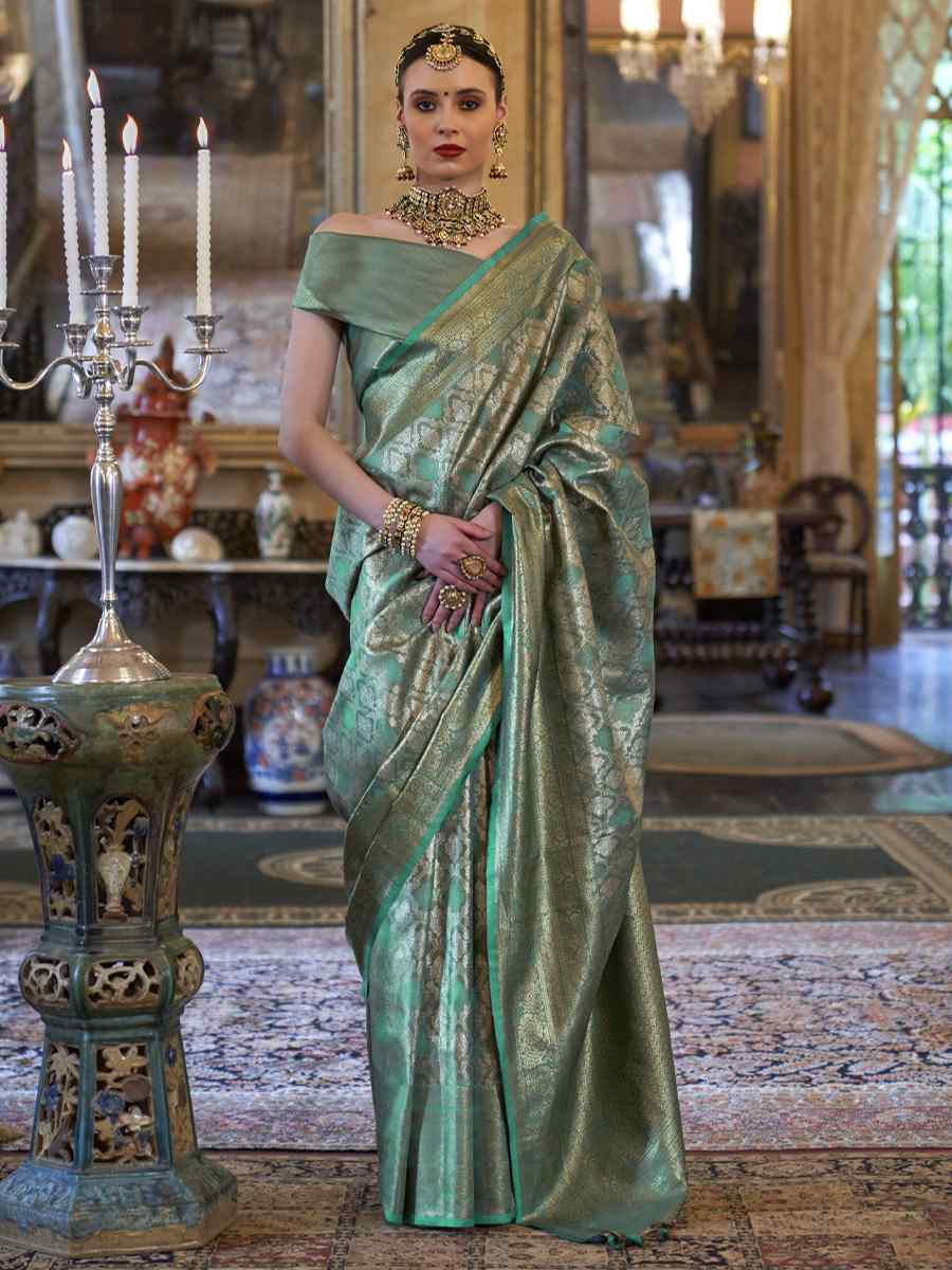 Green Pure Tissue Dharmavaram Silk Handwoven Party Bridal Reception Festival Wedding Fancy Heavy Border Saree