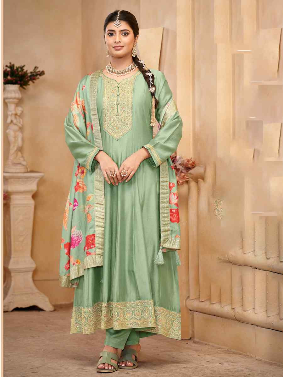 Green Pure Vichitra Silk Embroidered Festival Casual Anarkali Salwar Kameez