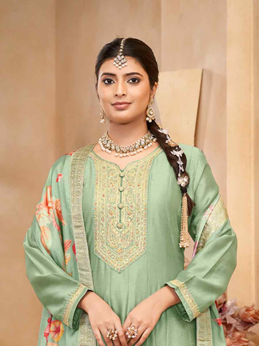 Green Pure Vichitra Silk Embroidered Festival Casual Anarkali Salwar Kameez