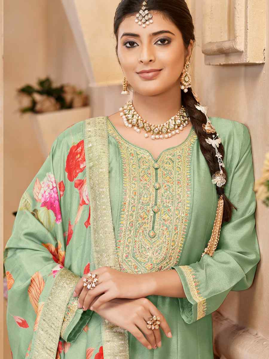 Green Pure Vichitra Silk Embroidered Festival Casual Anarkali Salwar Kameez