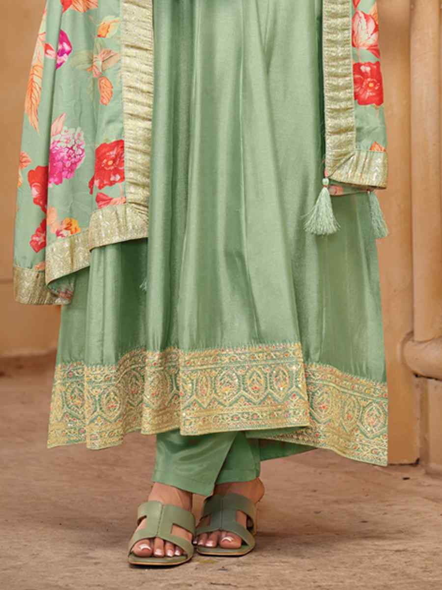 Green Pure Vichitra Silk Embroidered Festival Casual Anarkali Salwar Kameez