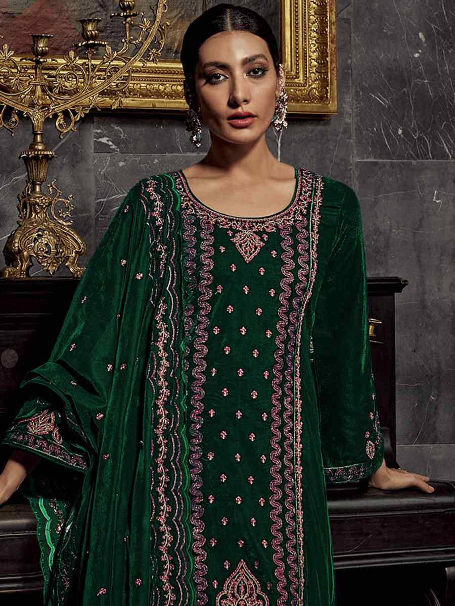 Green Pure Viscos Velvet Embroidered Festival Wedding Pant Salwar Kameez