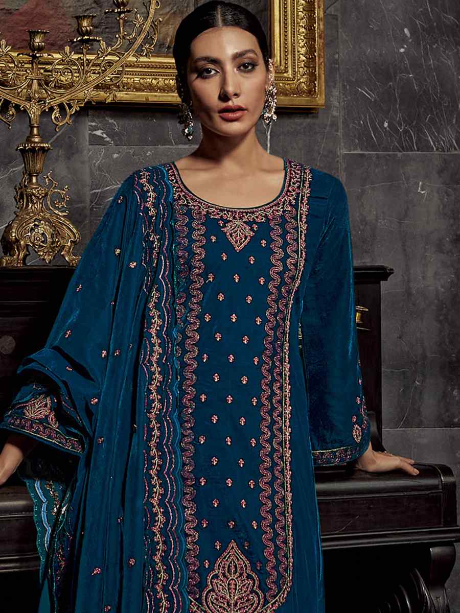 Green Pure Viscos Velvet Embroidered Festival Wedding Pant Salwar Kameez