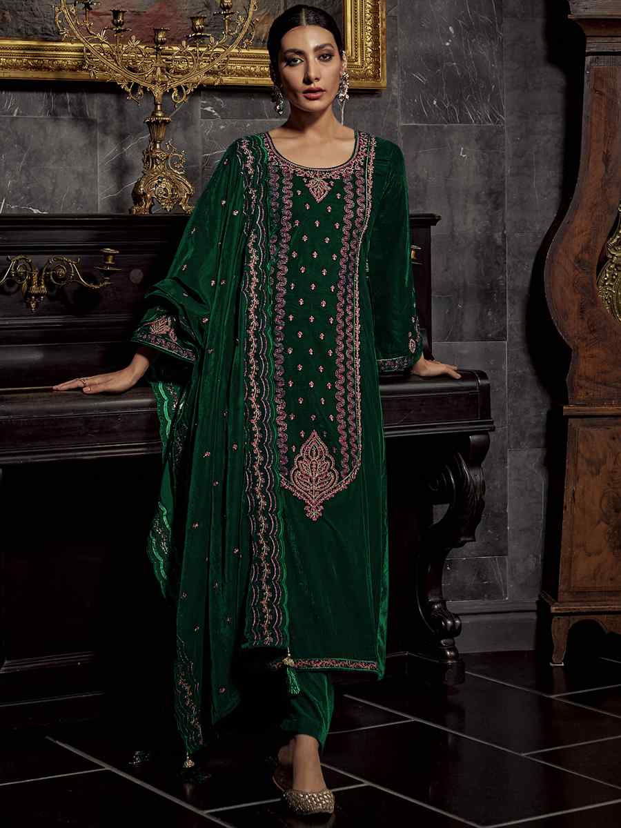Green Pure Viscos Velvet Embroidered Festival Wedding Pant Salwar Kameez