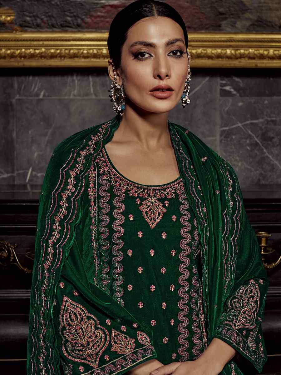 Green Pure Viscos Velvet Embroidered Festival Wedding Pant Salwar Kameez