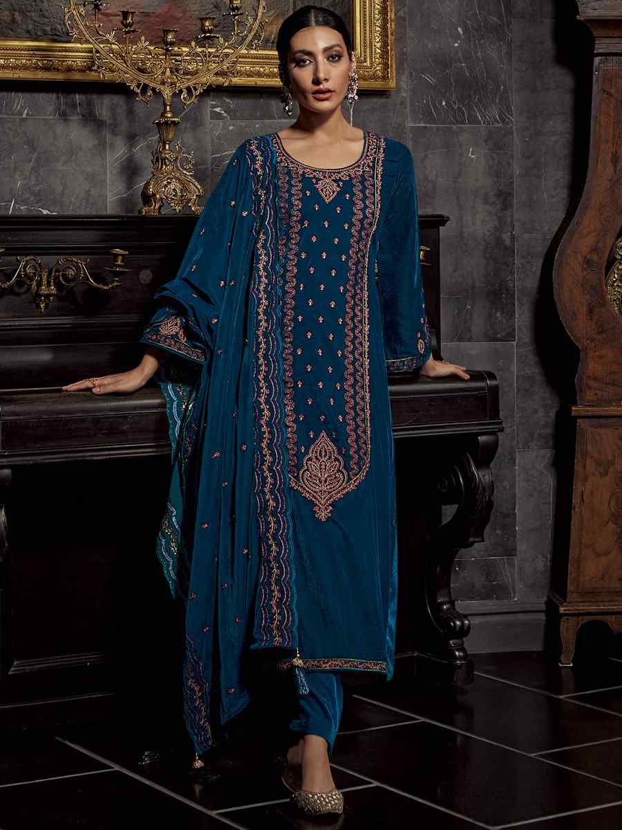 Green Pure Viscos Velvet Embroidered Festival Wedding Pant Salwar Kameez