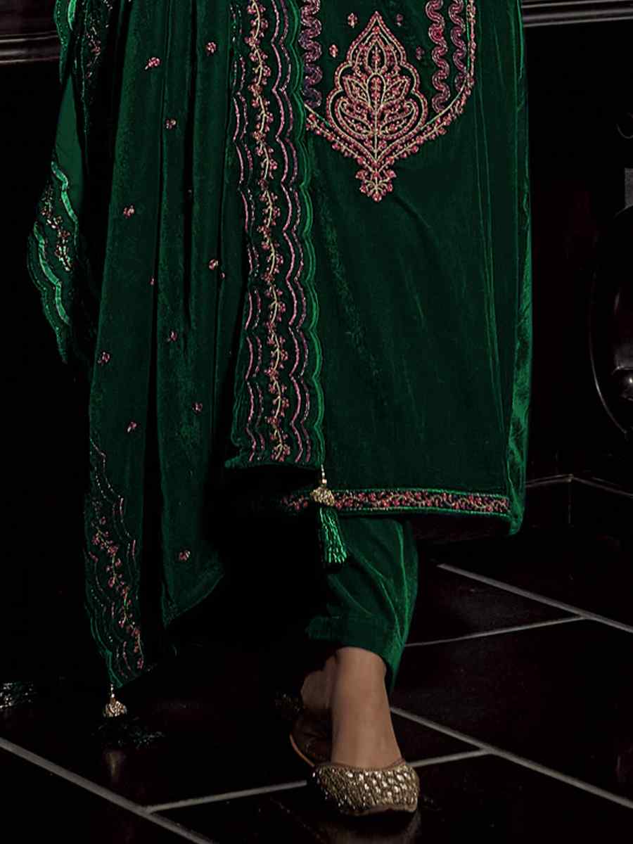 Green Pure Viscos Velvet Embroidered Festival Wedding Pant Salwar Kameez
